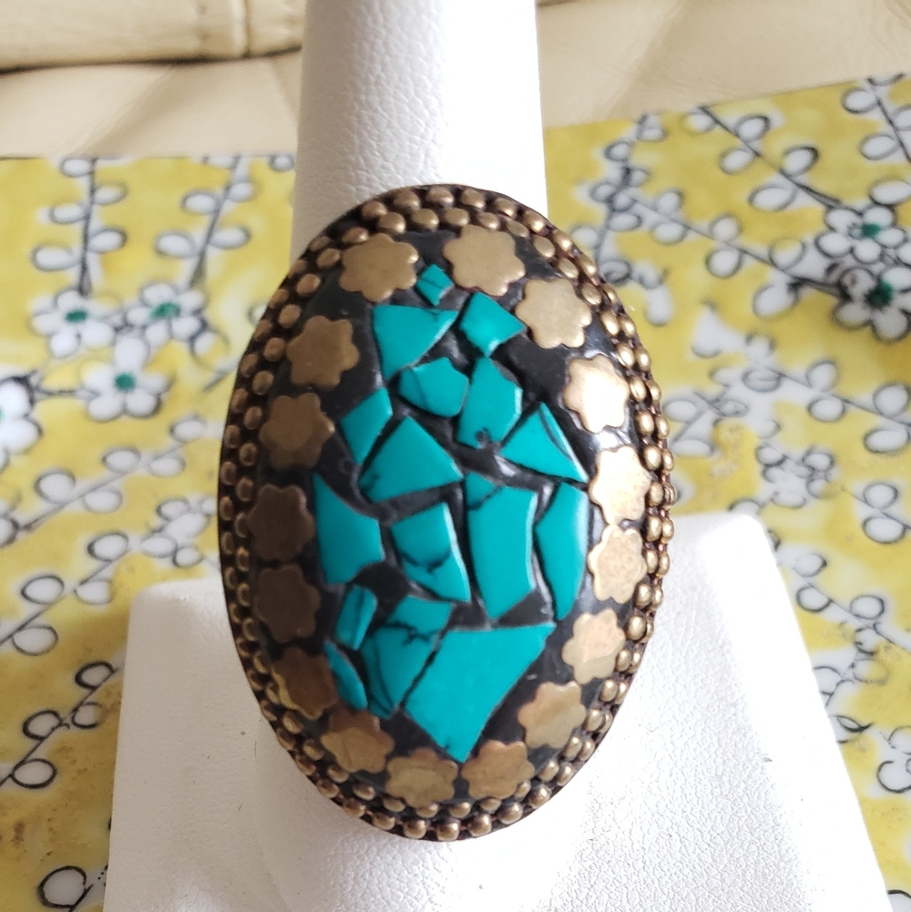Turquoise Handmade Oval Ring W/ Exquisite Details, Sz. 10, NWOT, Unique